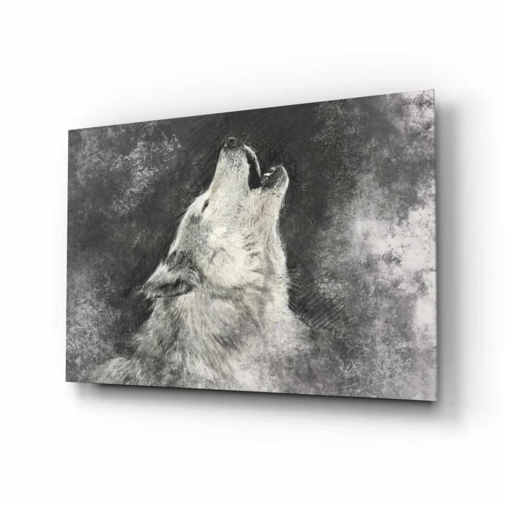 Black and white wolf howling canvas wall art print