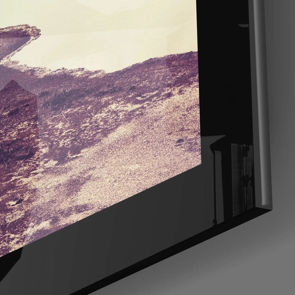 Sleek black frame 4K TV with vibrant purple glass wall art display