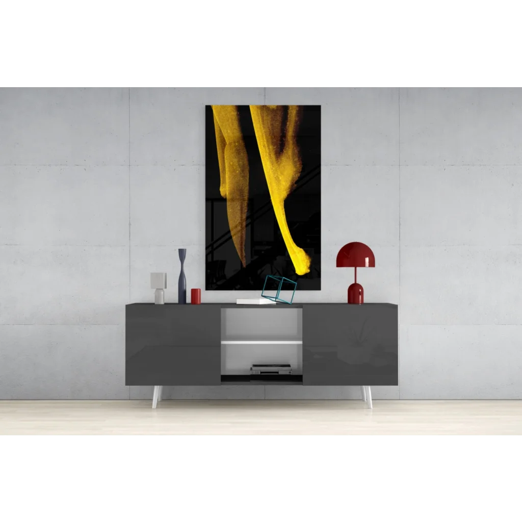 Modern gray sideboard with white legs and open glass wall art storage