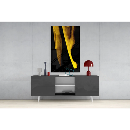 Modern gray sideboard with white legs and open glass wall art storage