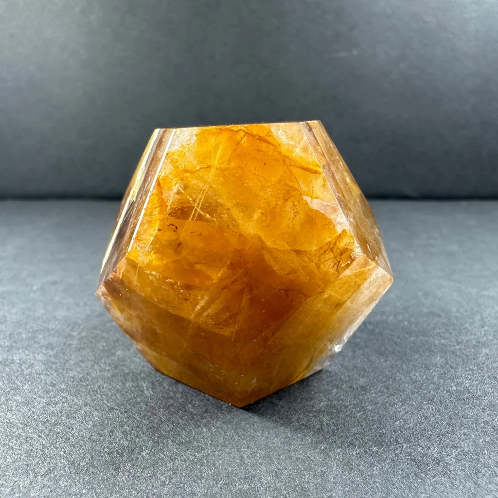 Stunning yellow hematoid quartz dodecahedron carving from Brazil