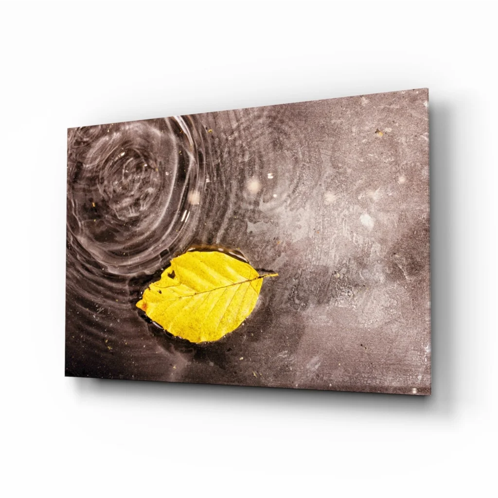 Stunning yellow leaf wall art canvas print with water droplets