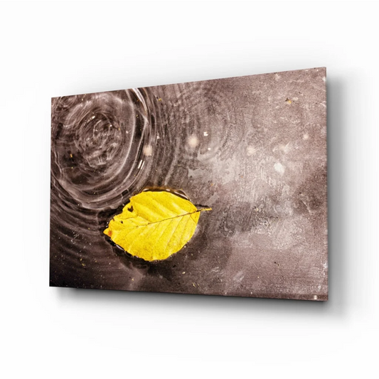 Stunning yellow leaf wall art canvas print with water droplets