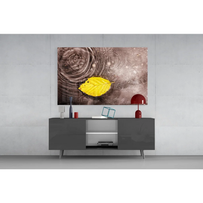 Stunning yellow leaf glass wall art with water droplets