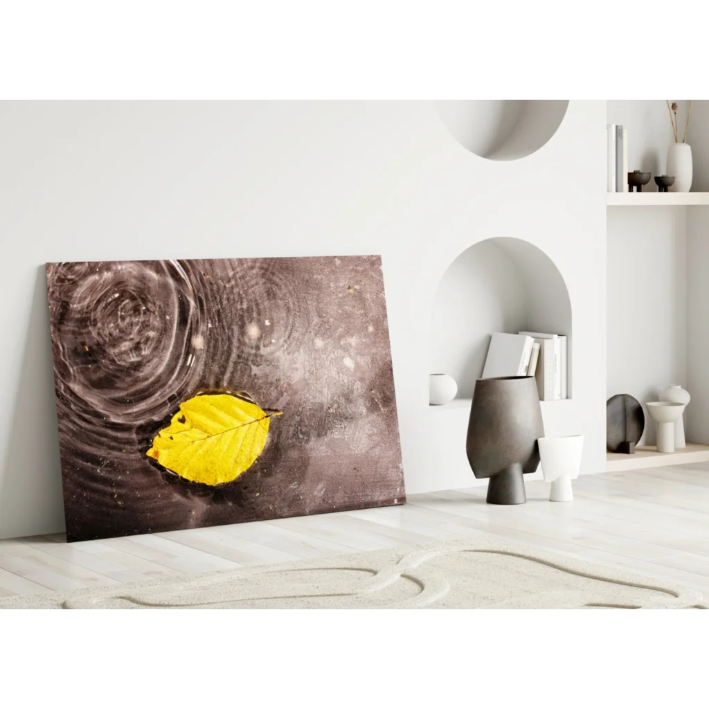 Stunning yellow leaf canvas wall art with water droplets