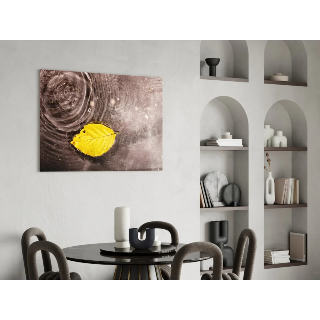 Stunning yellow leaf canvas wall art with water droplets and ripples