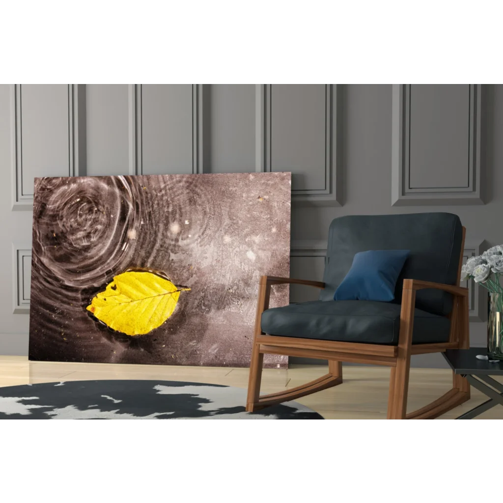 Stunning yellow leaf canvas wall art with water droplets