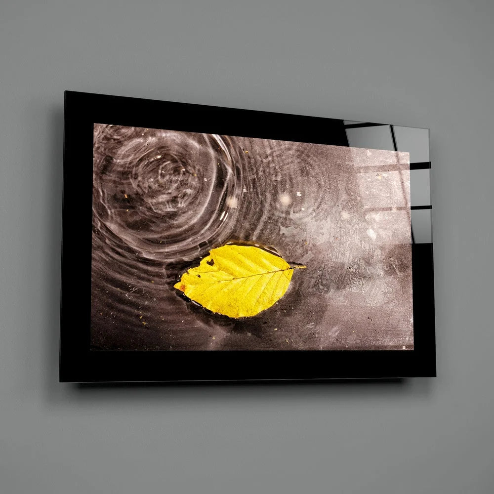 Vibrant yellow leaf on dark rippling water in black framed glass wall art