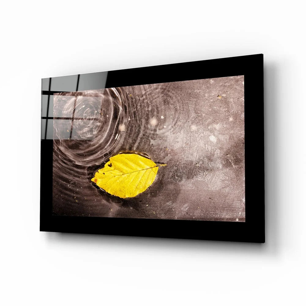 Vibrant yellow leaf on dark rippling water in black frame glass wall art