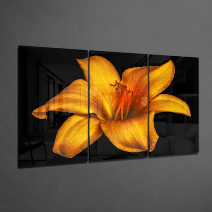 Vibrant yellow lily glass wall art tri-panel set