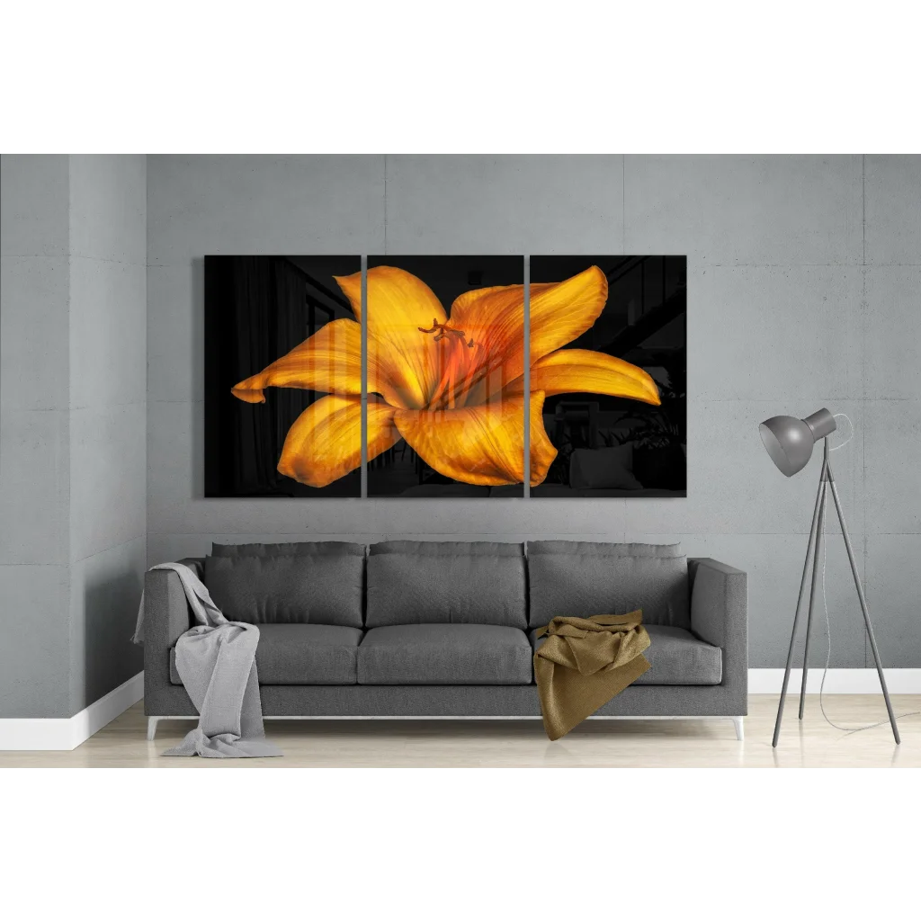 Stunning yellow lily glass wall art tri-panel set on black background
