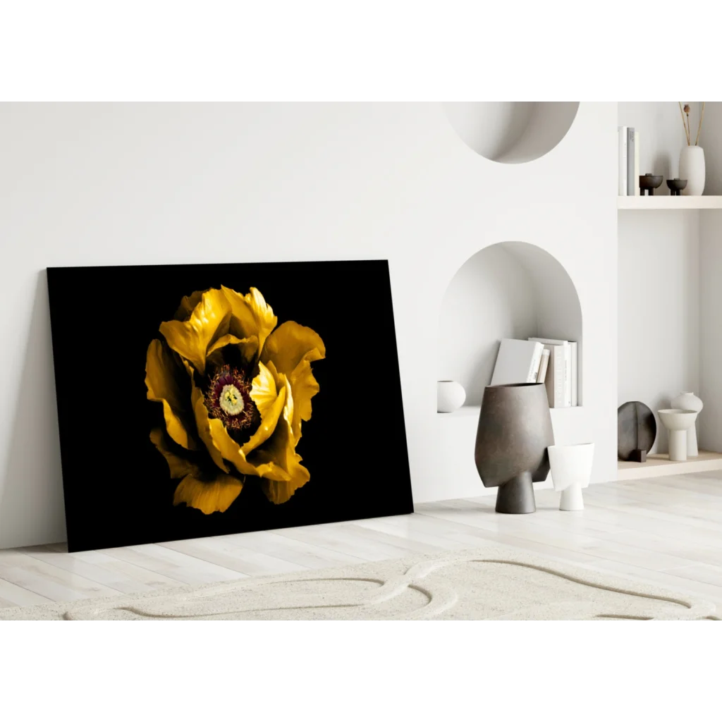 Stunning yellow poppy glass wall art on bold black canvas