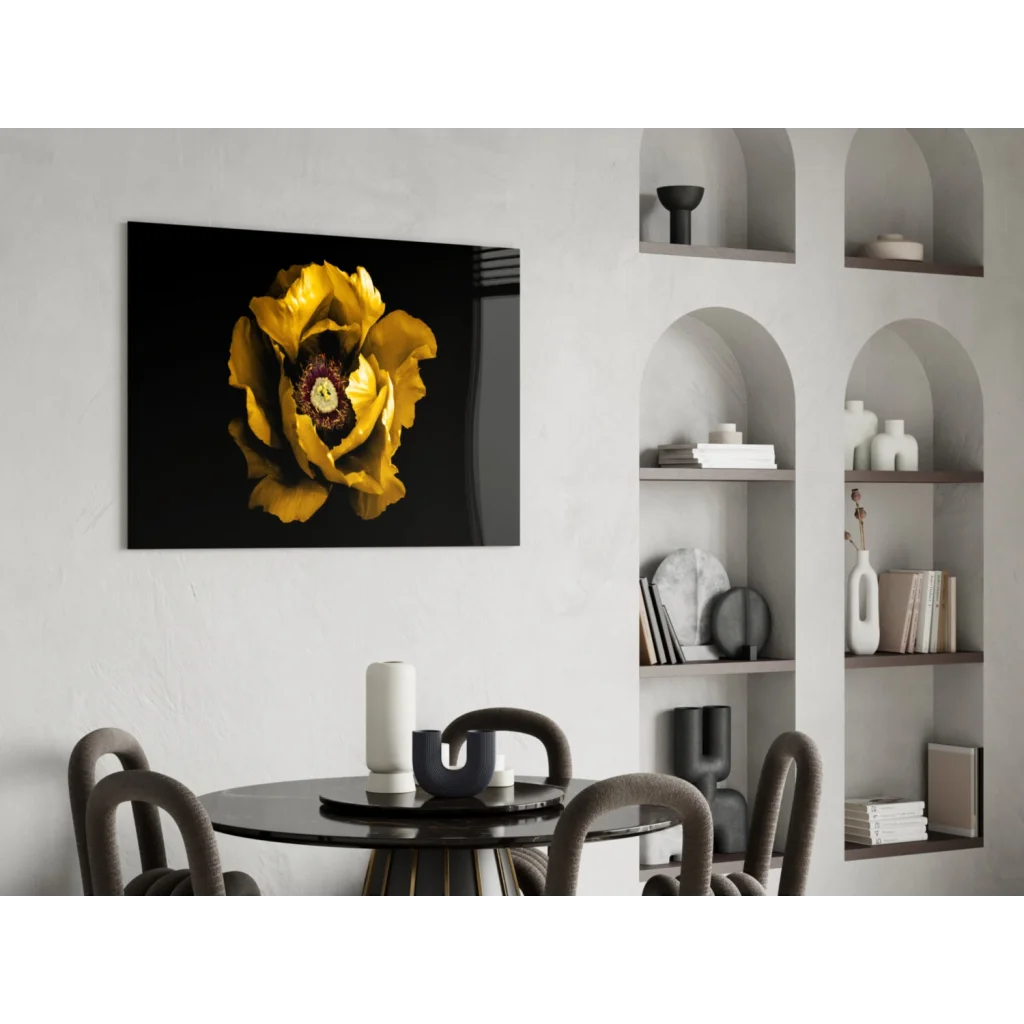 Stunning yellow poppy glass wall art on bold black canvas