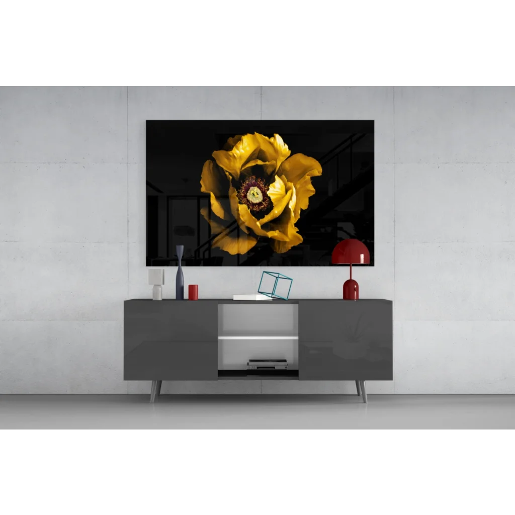 Vibrant yellow poppy glass wall art on 4K UHD TV screen
