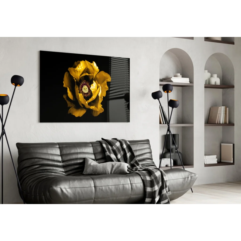 Vibrant yellow peony glass wall art print on bold black canvas