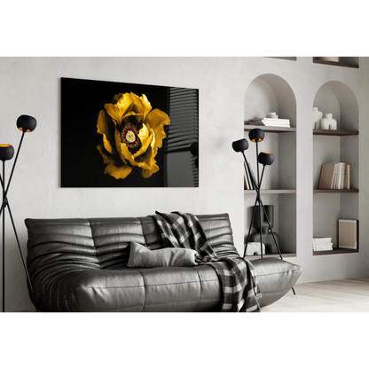 Vibrant yellow peony glass wall art print on bold black canvas