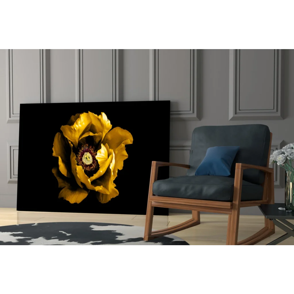 Stunning yellow poppy glass wall art on bold black canvas