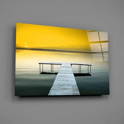 Stunning yellow sky pier in wooden dock painting on glass wall art