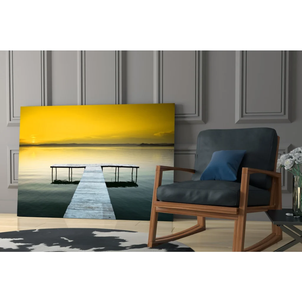 Stunning yellow sky pier glass wall art canvas with abstract dock design