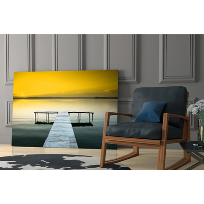 Stunning yellow sky pier glass wall art canvas with abstract dock design
