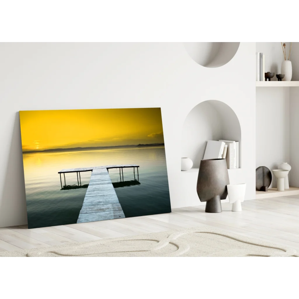 Stunning yellow sky pier glass wall art canvas print