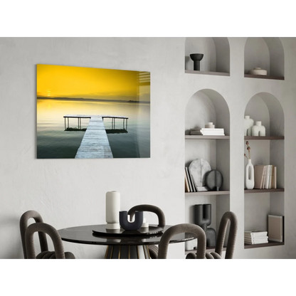 Stunning yellow sky pier glass wall art canvas with yellow and gray dock