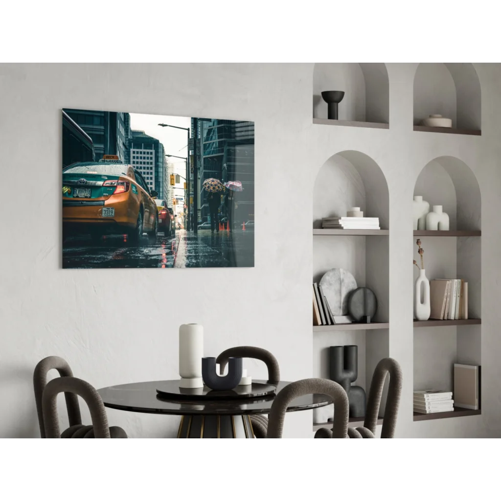 Stunning yellow taxi cab wall art with NYC cityscape print
