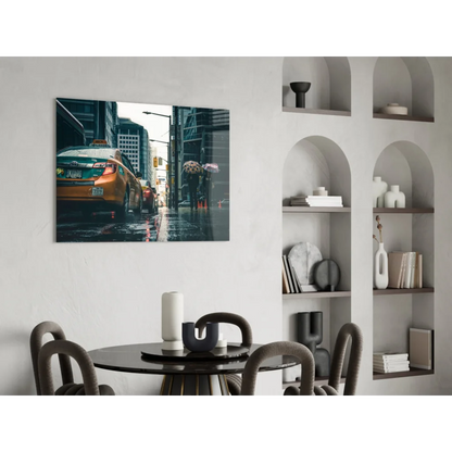 Stunning yellow taxi cab wall art with NYC cityscape print