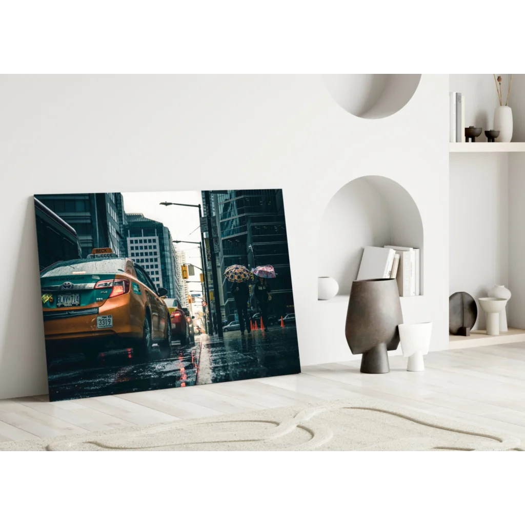 Stunning yellow taxi cab wall art with NYC cityscape background