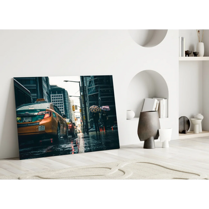 Stunning yellow taxi cab wall art with NYC cityscape background