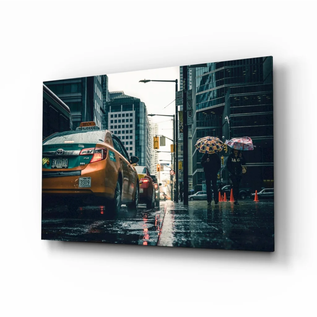 Stunning yellow taxi cab wall art with NYC cityscape background