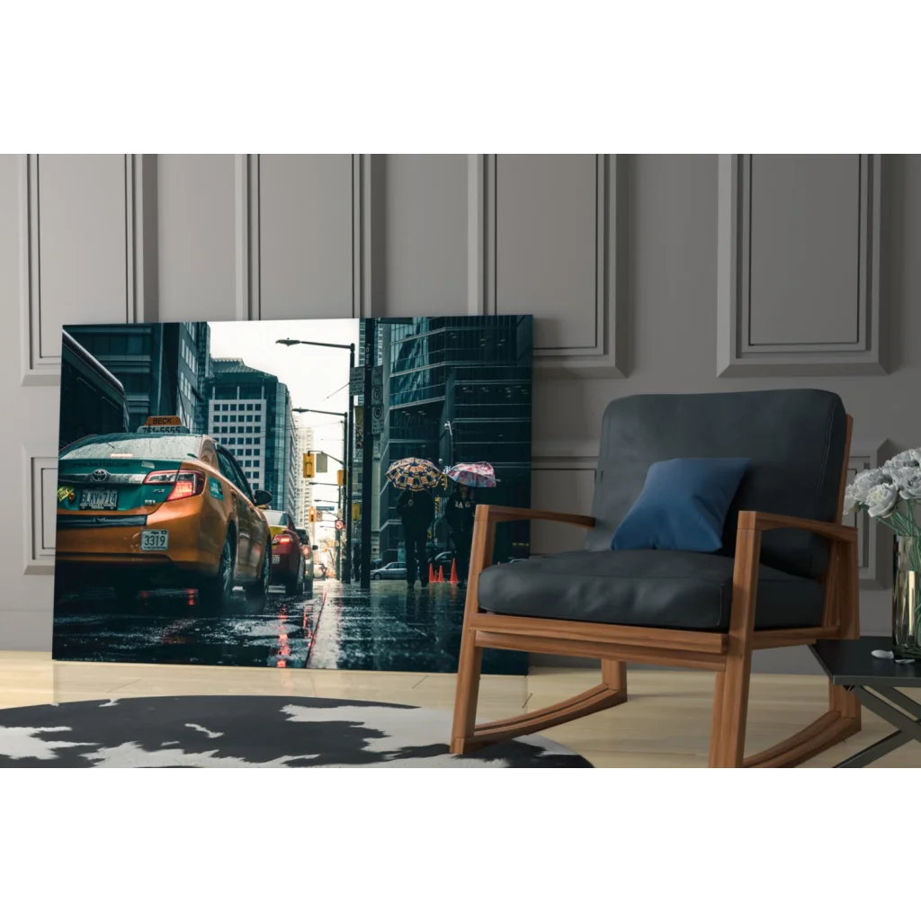 Stunning yellow taxi cab wall art with NYC cityscape background