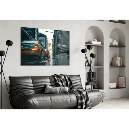 Stunning yellow taxi cab NYC cityscape glass wall art with black leather sofa