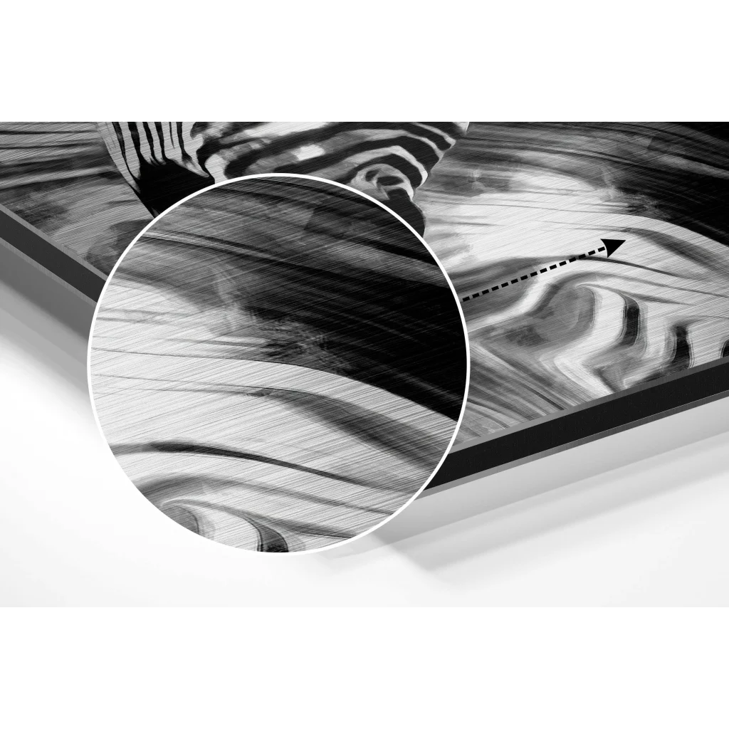 glass wall art Black and white zebra abstract on textured brushed aluminium dibond