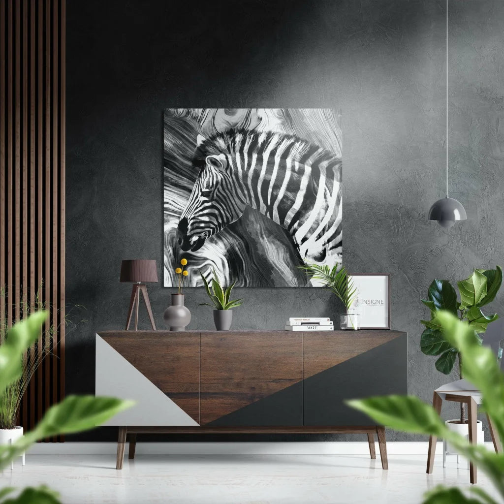 Stunning black and white zebra artwork on brushed aluminium dibond