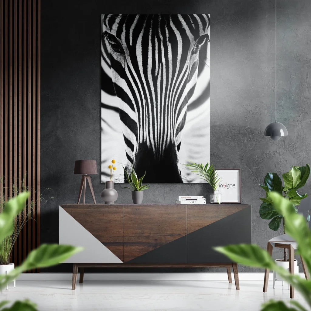 Stunning black-and-white zebra portrait on brushed aluminium dibond wall art