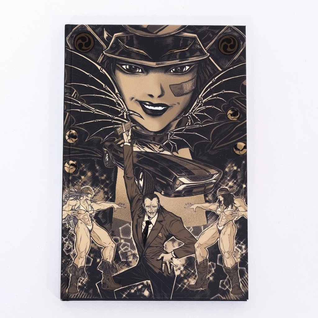 Black and gold illustrated notebook featuring stylized anime wings car and dynamic figures for sturgill simpson deluxe book by jason aaron and takashi okazaki