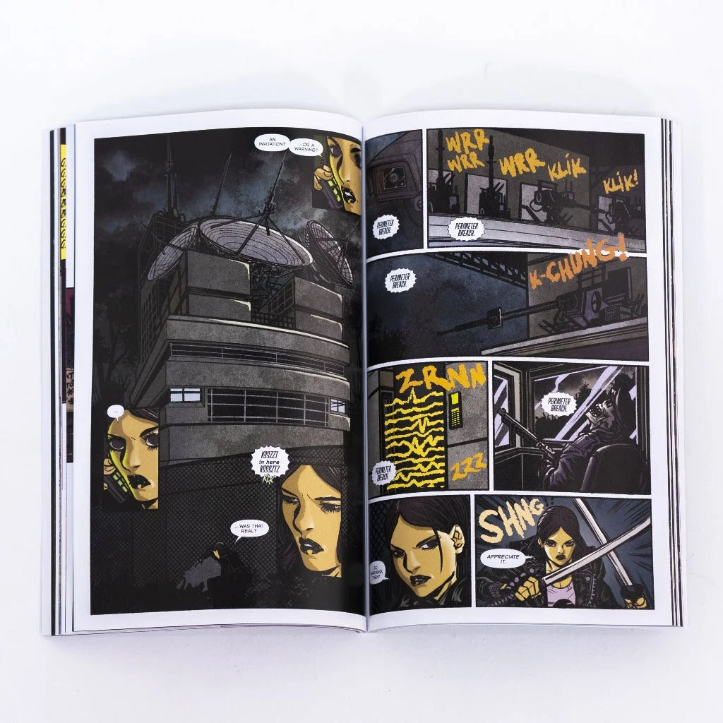 Open comic book from sturgill simpson sound and fury deluxe book featuring black and white art by jason aaron and takashi okazaki