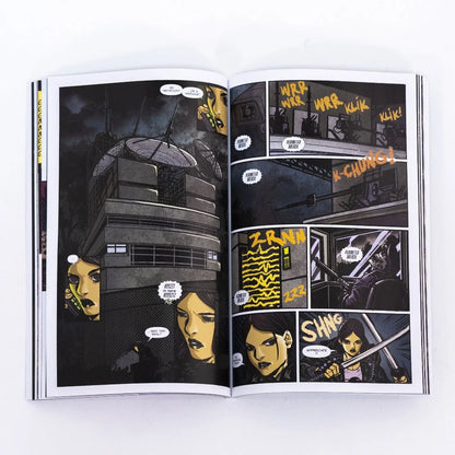 Open comic book from sturgill simpson sound and fury deluxe book featuring black and white art by jason aaron and takashi okazaki
