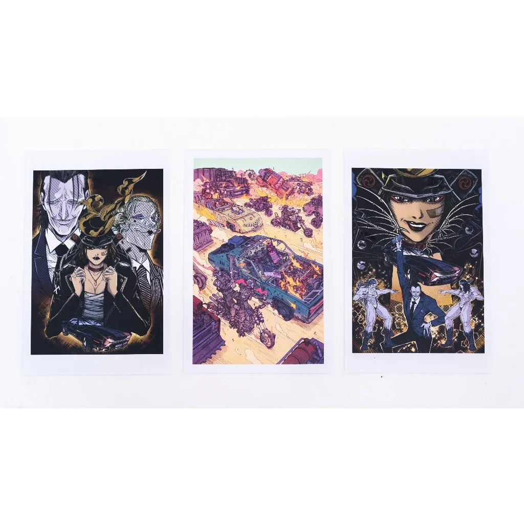 Three rectangular art prints featuring vibrant comic book-style illustrations by jason aaron and takashi okazaki for sturgill simpson deluxe book