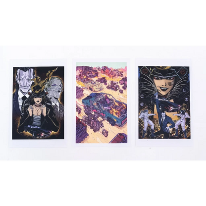 Three rectangular art prints featuring vibrant comic book-style illustrations by jason aaron and takashi okazaki for sturgill simpson deluxe book