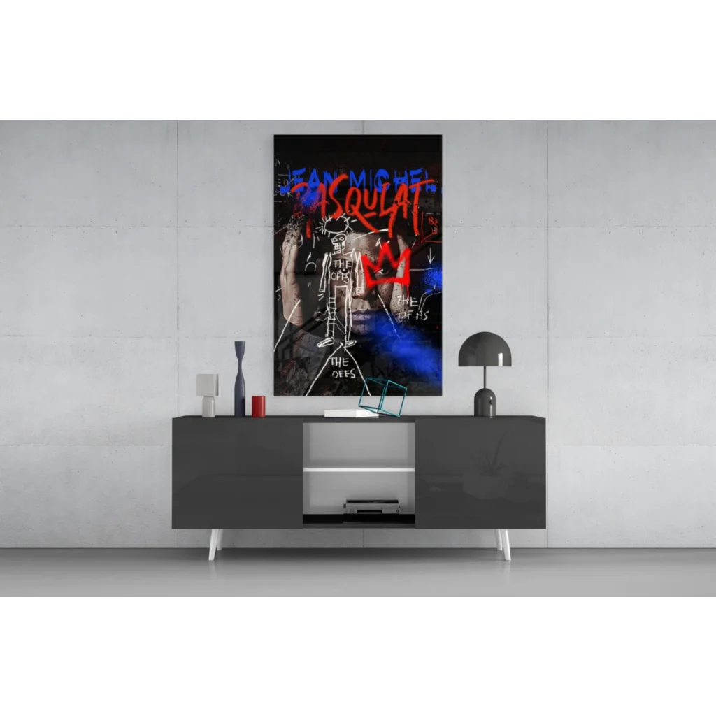 Vibrant Basquiat-inspired graffiti glass wall art canvas print with asquat lettering