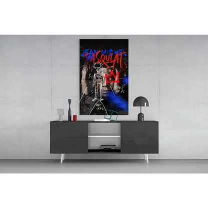 Vibrant Basquiat-inspired graffiti glass wall art canvas print with asquat lettering