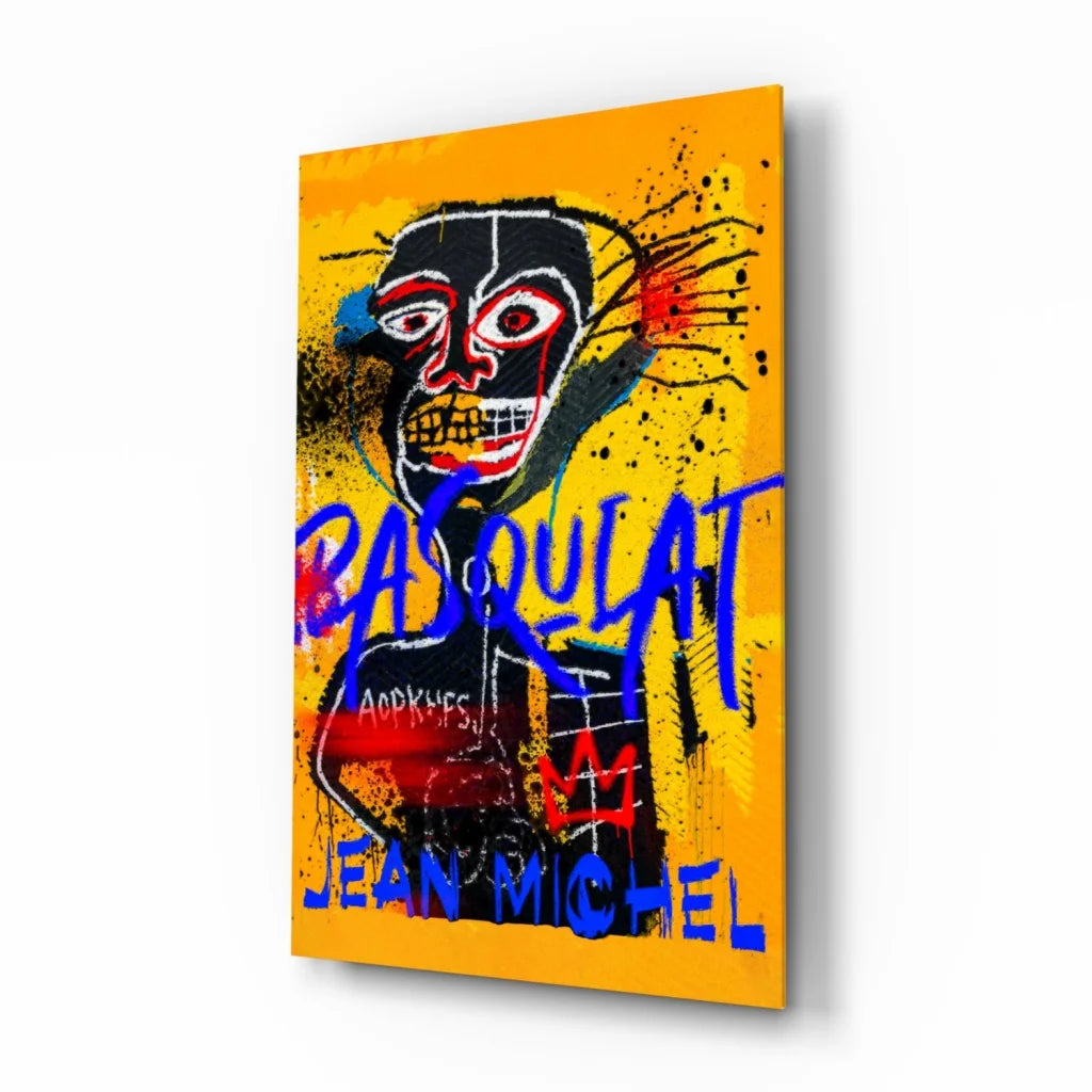 Vibrant Basquiat graffiti glass wall art in electric yellow with black red face
