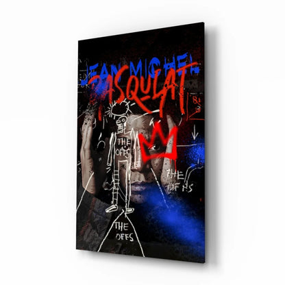 Basquiat-inspired graffiti glass wall art with red blue lettering