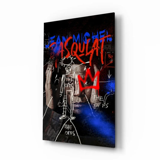 Basquiat-inspired graffiti glass wall art with red blue lettering