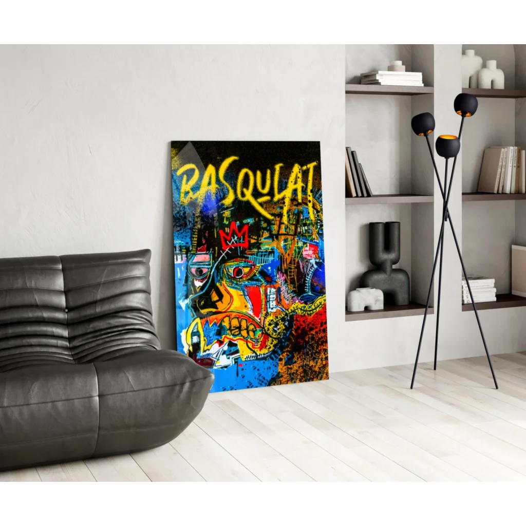 Vibrant Basquiat-style graffiti wall art canvas print with bold yellow lettering and colorful abstract face on black background