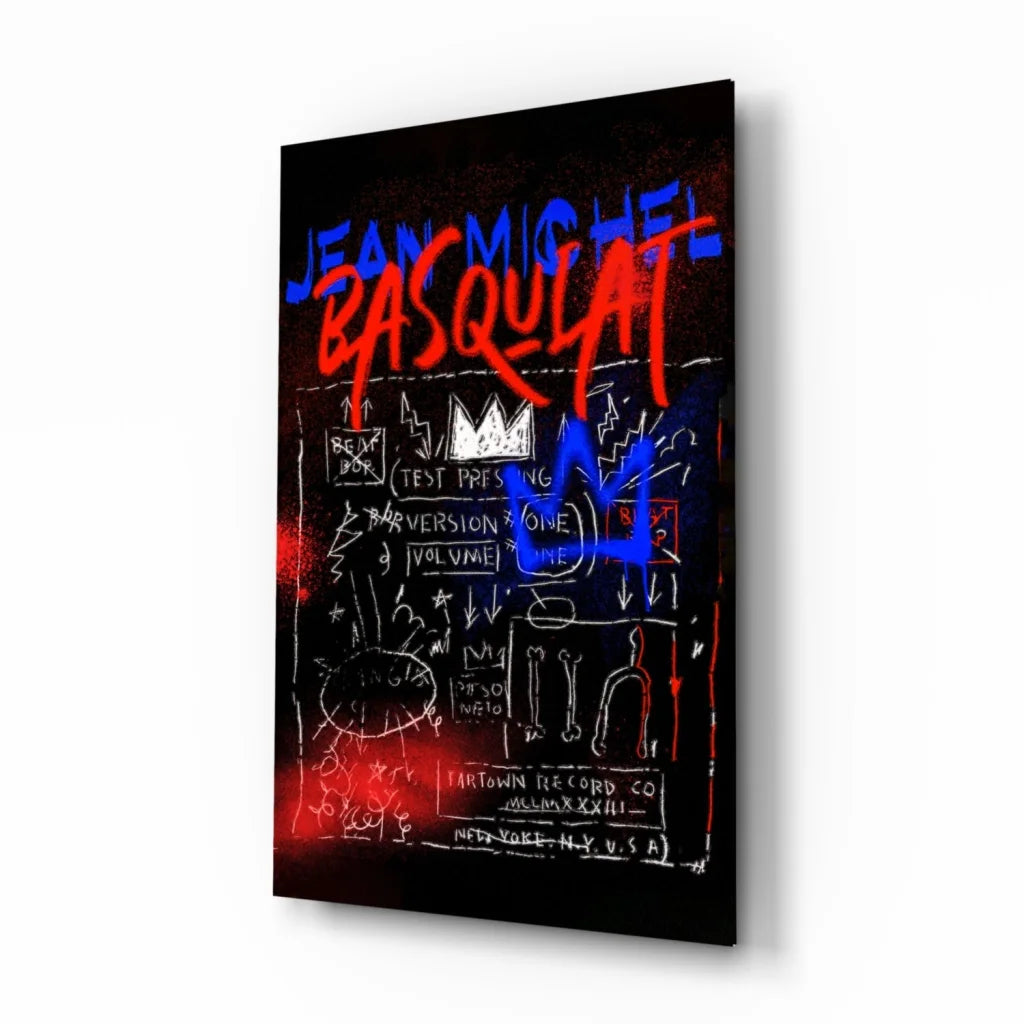 Basquiat graffiti glass wall art canvas print in bold red blue on dark background