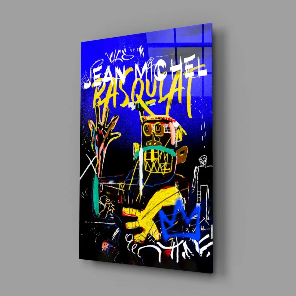 Vibrant Basquiat graffiti glass wall art in electric blue and yellow