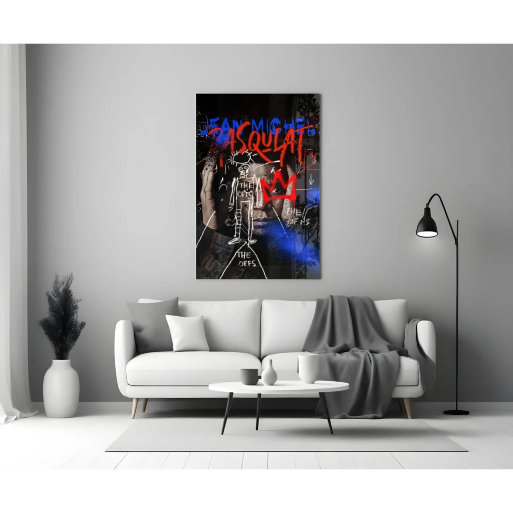 Basquiat-inspired graffiti glass wall art canvas print with vibrant red blue text on black